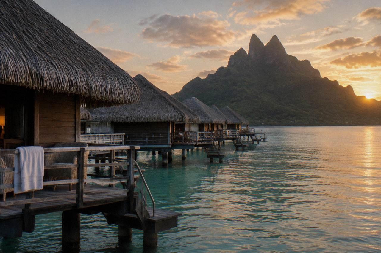 Wooden overwater bungalows standing on stilts above calm turquoise lagoon water